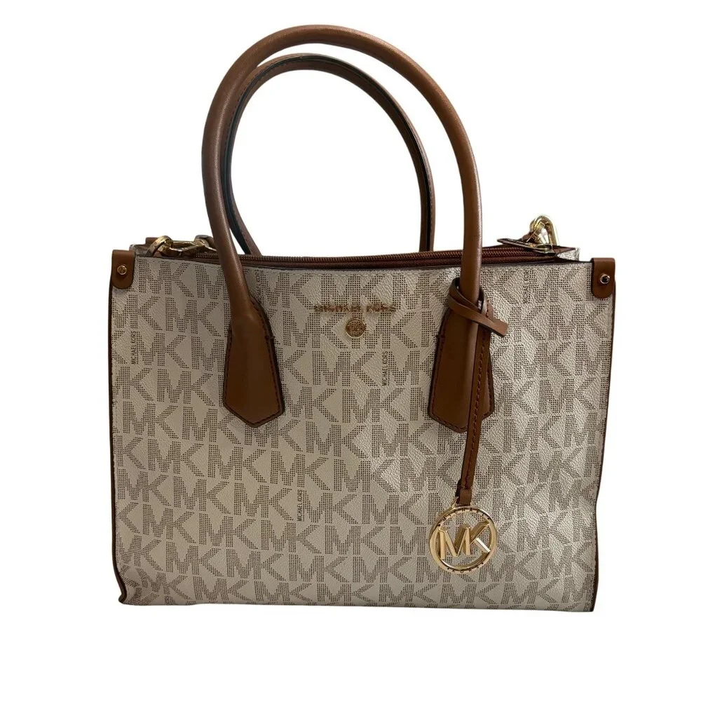 Michael Kors Logo Cream & Brown Canvas & Leather Tote Bag With Detachable Strap